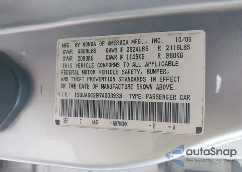 2007 Acura Tl 3.2 from USA, damaged, VIN 19UUA66297A003933